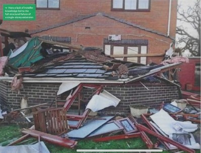 Photo of a collapsed conservatory following the replacement of the glass roof with a concrete tiled roof