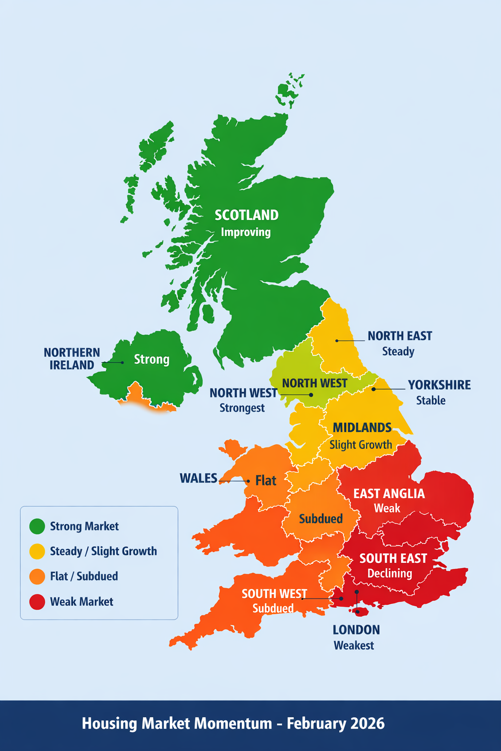 Map of UK Housing Market: Showing it is Flat Overall, noting Regional Growth in the North West, West Midlands, NI and Scotland